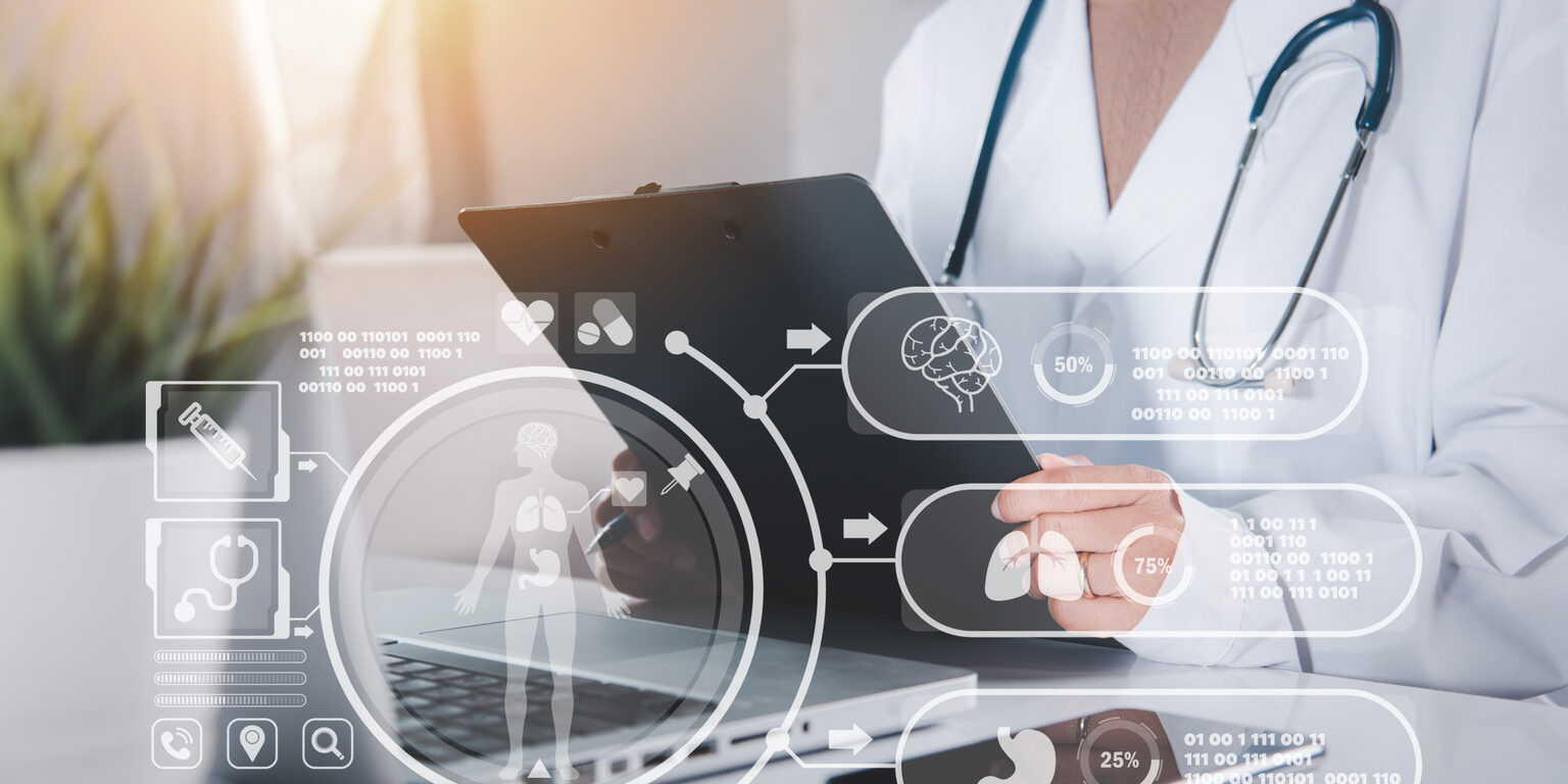 Doctor or nurse in uniform with stethoscope writing something information of patient prescription medical in paperwork